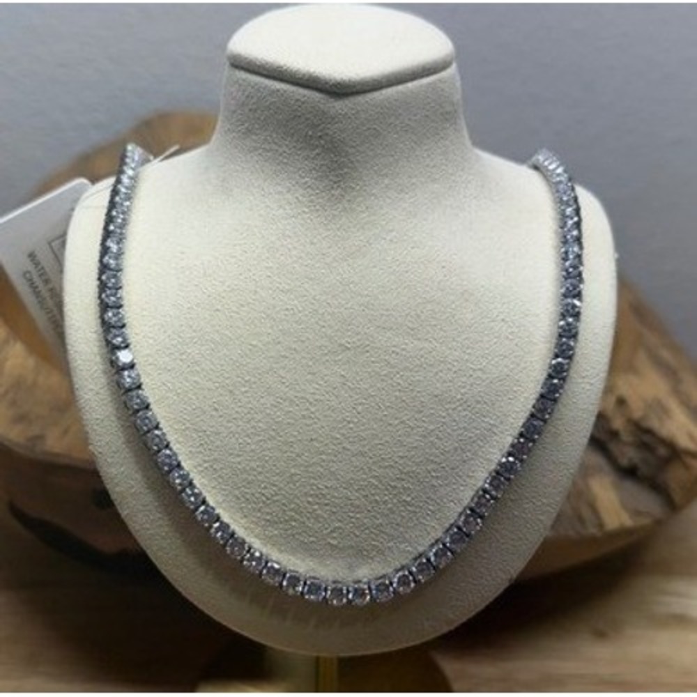 ChanSutt Pearls Silver Tone Cubic Zirconia Tennis Necklace 18" Water‎ Resistant